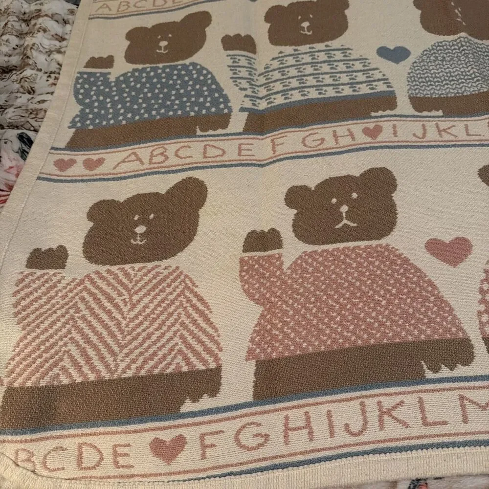 VTG 80s Pat Meyers Bear Alphabet Double Woven 100%Cotton Warm Baby Blanket 48x60